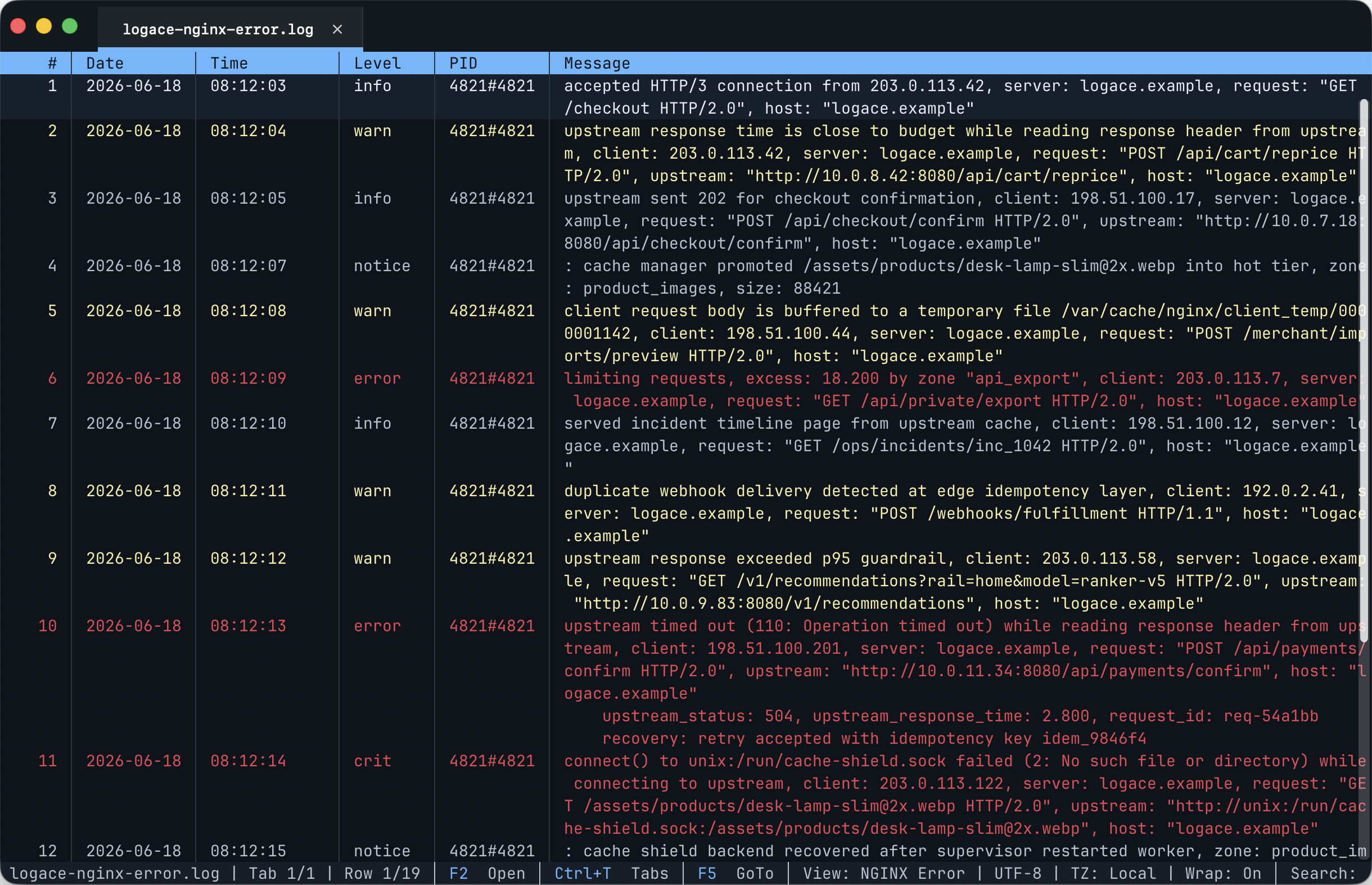 LogAce showing an nginx error log with filters, selected rows, and row detail